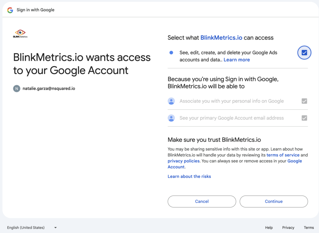 Sign in with Google to authorize BlinkMetrics.