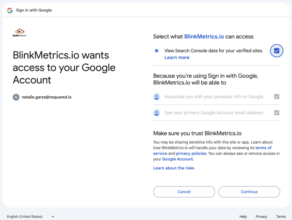 Sign in with Google to authorize BlinkMetrics.