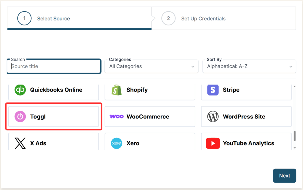 Toggl selected as a Source in the Connection stepper interface.