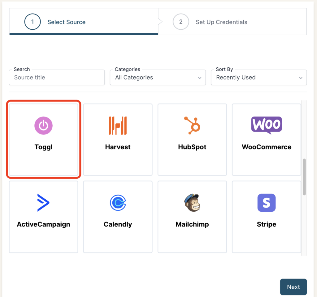 Toggl selected as a Source in the Connection stepper interface.