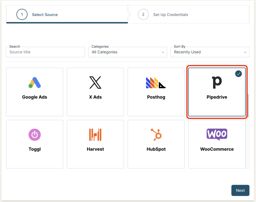 Pipedrive selected as a Source in the Connection stepper interface.