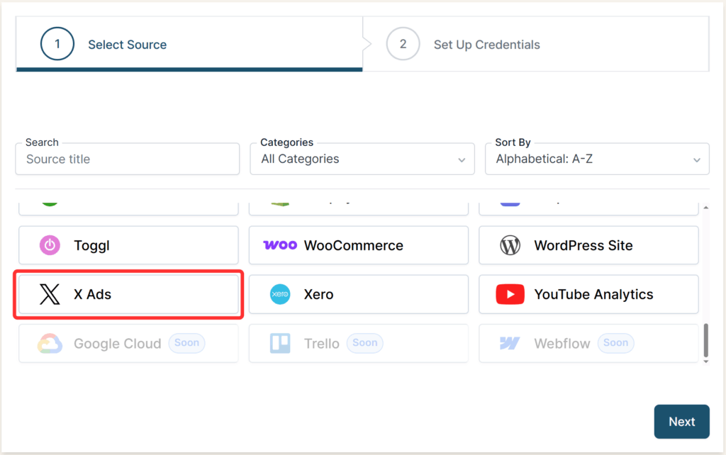 X Ads selected as a Source in the Connection stepper interface.