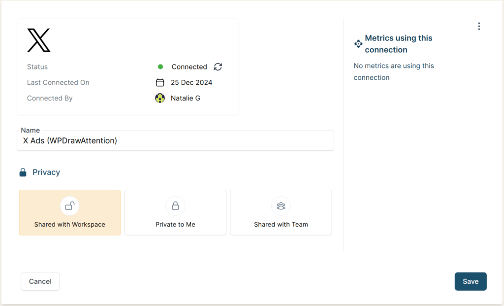 Connection detail page for X Ads showing the Name and privacy options.