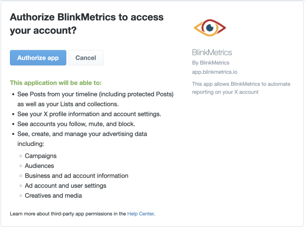 X Ads authorization screen, "Authorize BlinkMetrics to access your account"