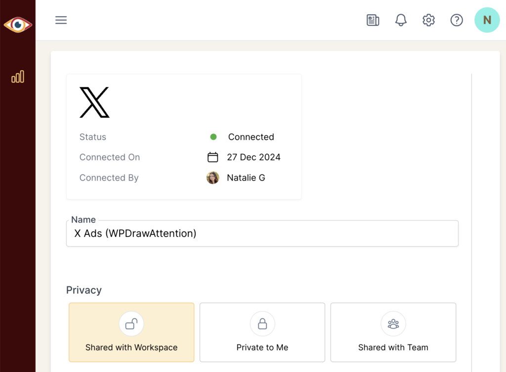 Connection detail page for X Ads showing the Name and privacy options.