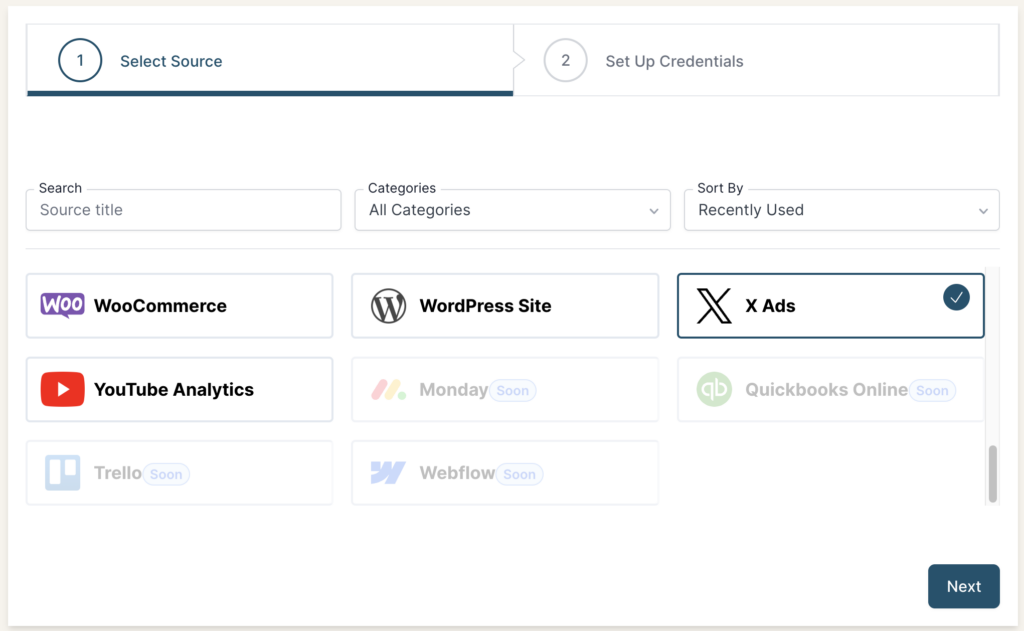 X Ads selected as a Source in the Connection stepper interface.