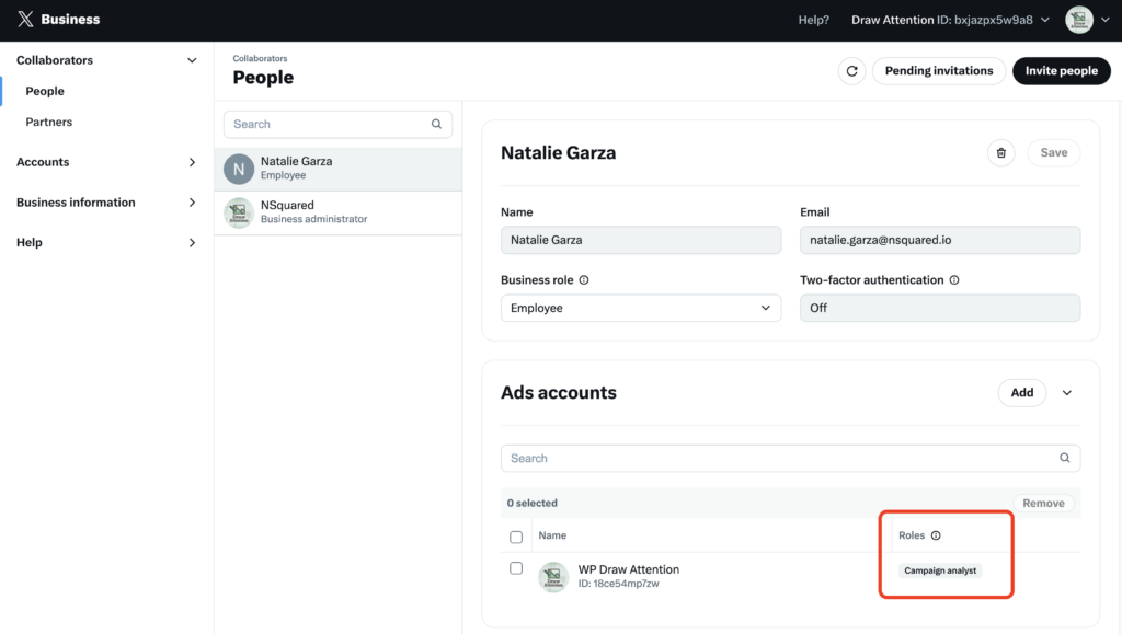 X Ads Business Settings, showing the Collaborator People page and the "Roles" column highlighted for the ads account.