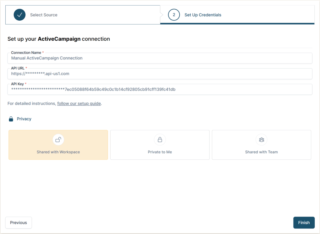 ActiveCampaign Credential Setup Step in BlinkMetrics.