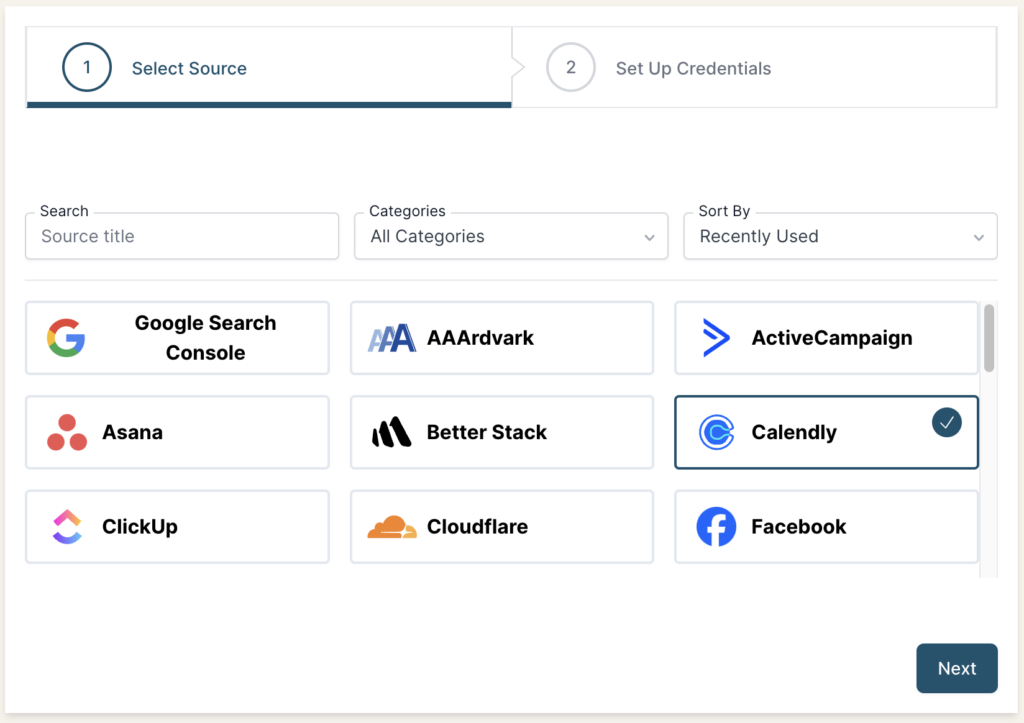 Calendly selected as a Source in the Connection stepper interface.