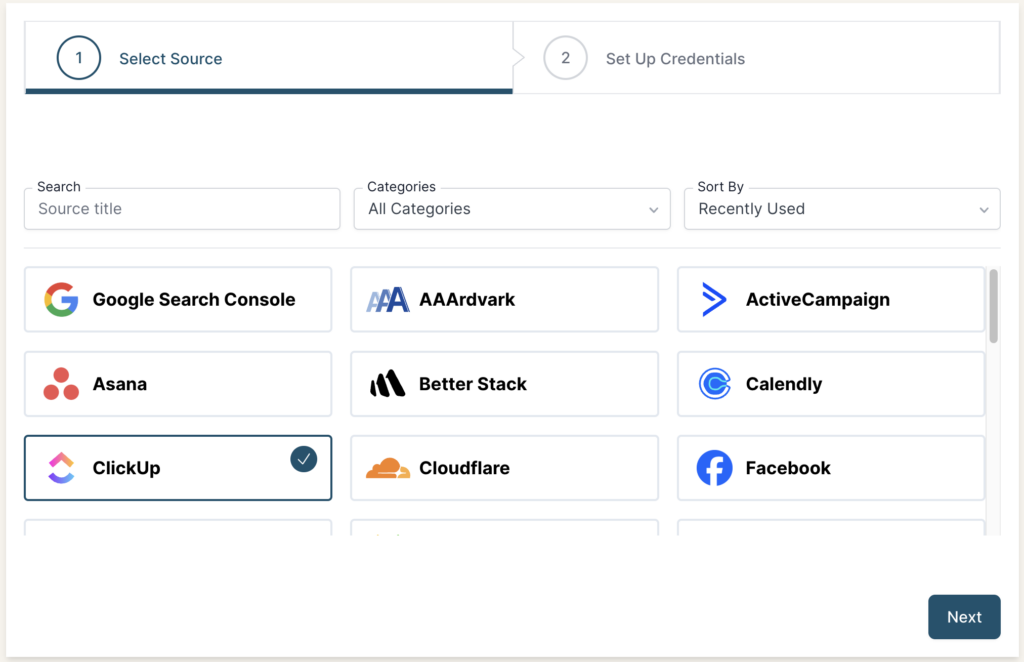 ClickUp selected as a Source in the Connection stepper interface.