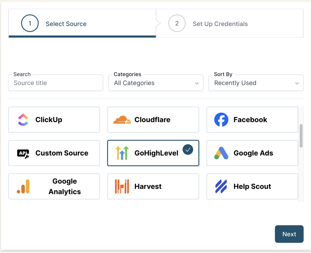 GoHighLevel selected as a Source in the Connection stepper interface.