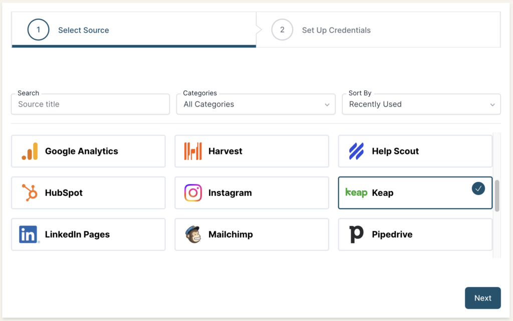 X Ads selected as a Source in the Connection stepper interface.