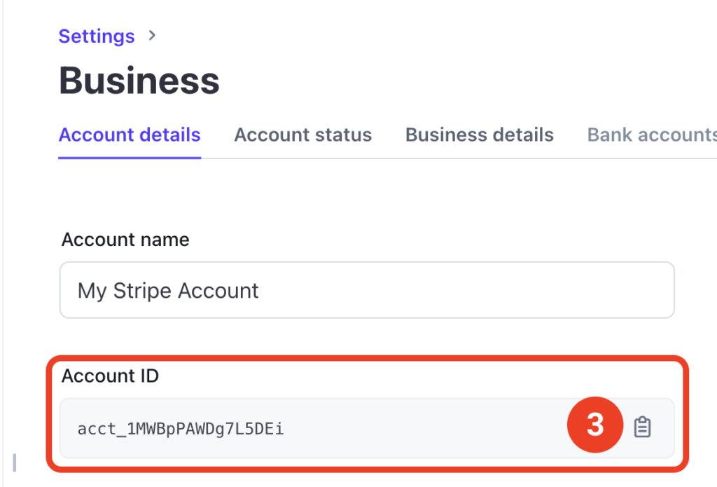 Account ID highlighted in the Stripe Business Account Details page.