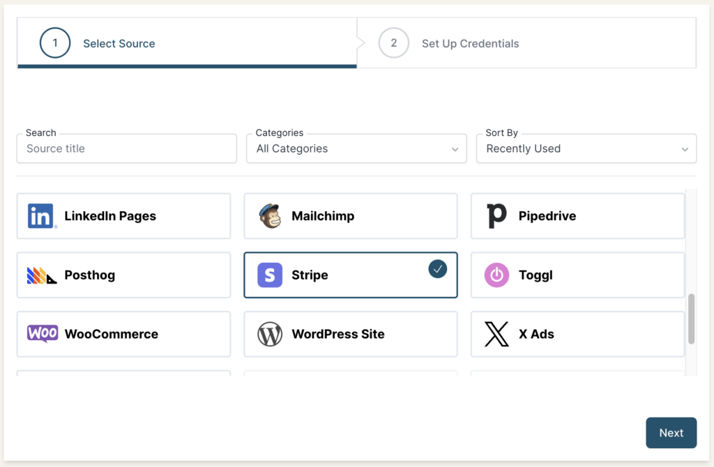 Stripe selected as a Source in the Connection stepper interface.