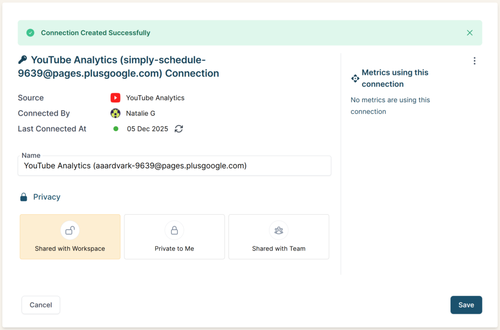YouTube Analytics Connection Detail Page
