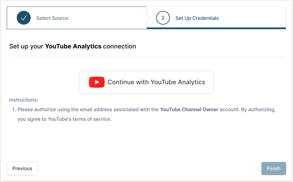 Set up Credentials step, the "Continue with YouTube Analytics" button