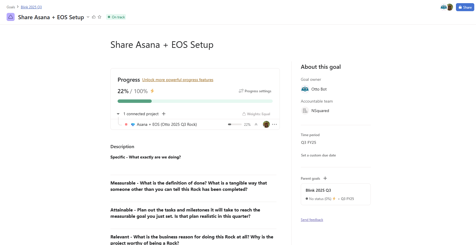EOS rock setup as an Asana goal