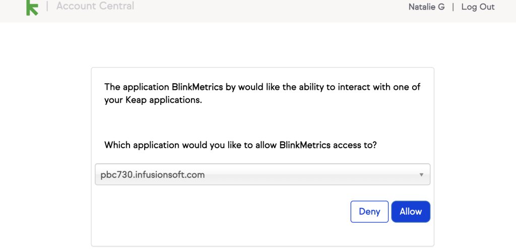 Keap Authentication Screen
