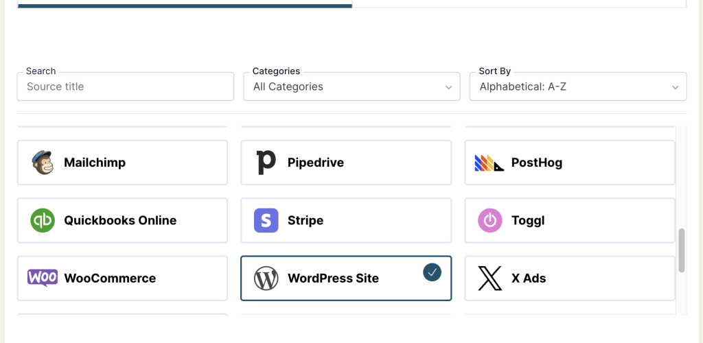 WordPress Site Connection Select Source